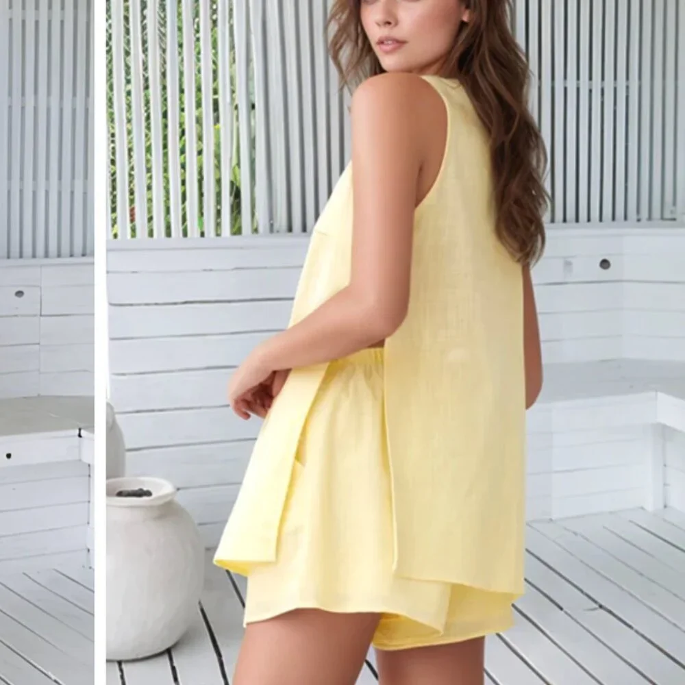 By Frankie Hayley Butter Yellow Button Front Cotton Vest Exposed Sides